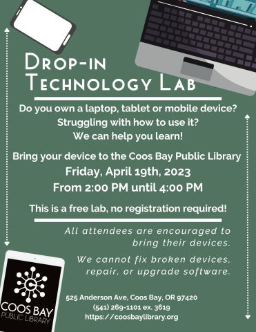 Flyer for Drop-in Technology Lab for April 19 from 2PM
