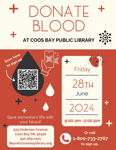 Donate Blood at Coos Bay Public Library with blood droplets.