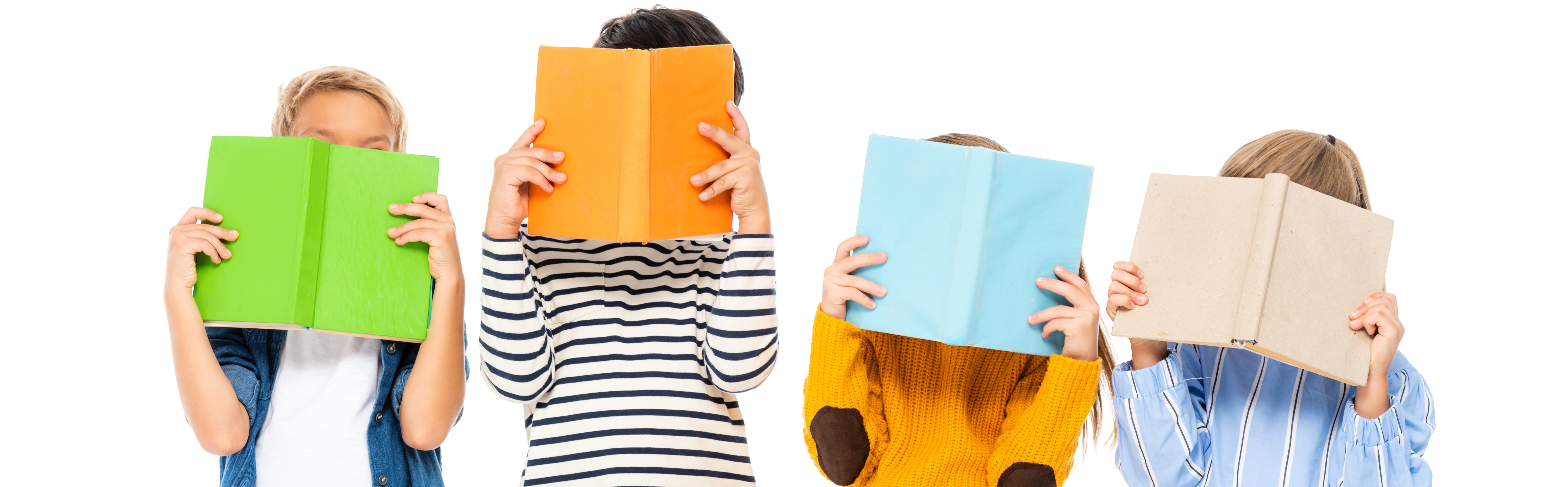 Four children holding books open in front of their faces