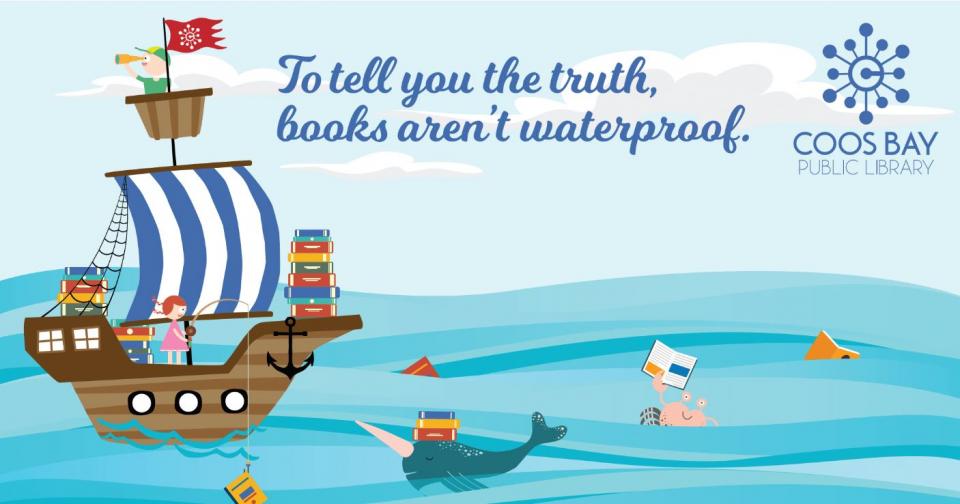 Sailboat graphic depicting a girl on a ship fishing for books with the caption "To tell you the truth, books aren't waterproof"