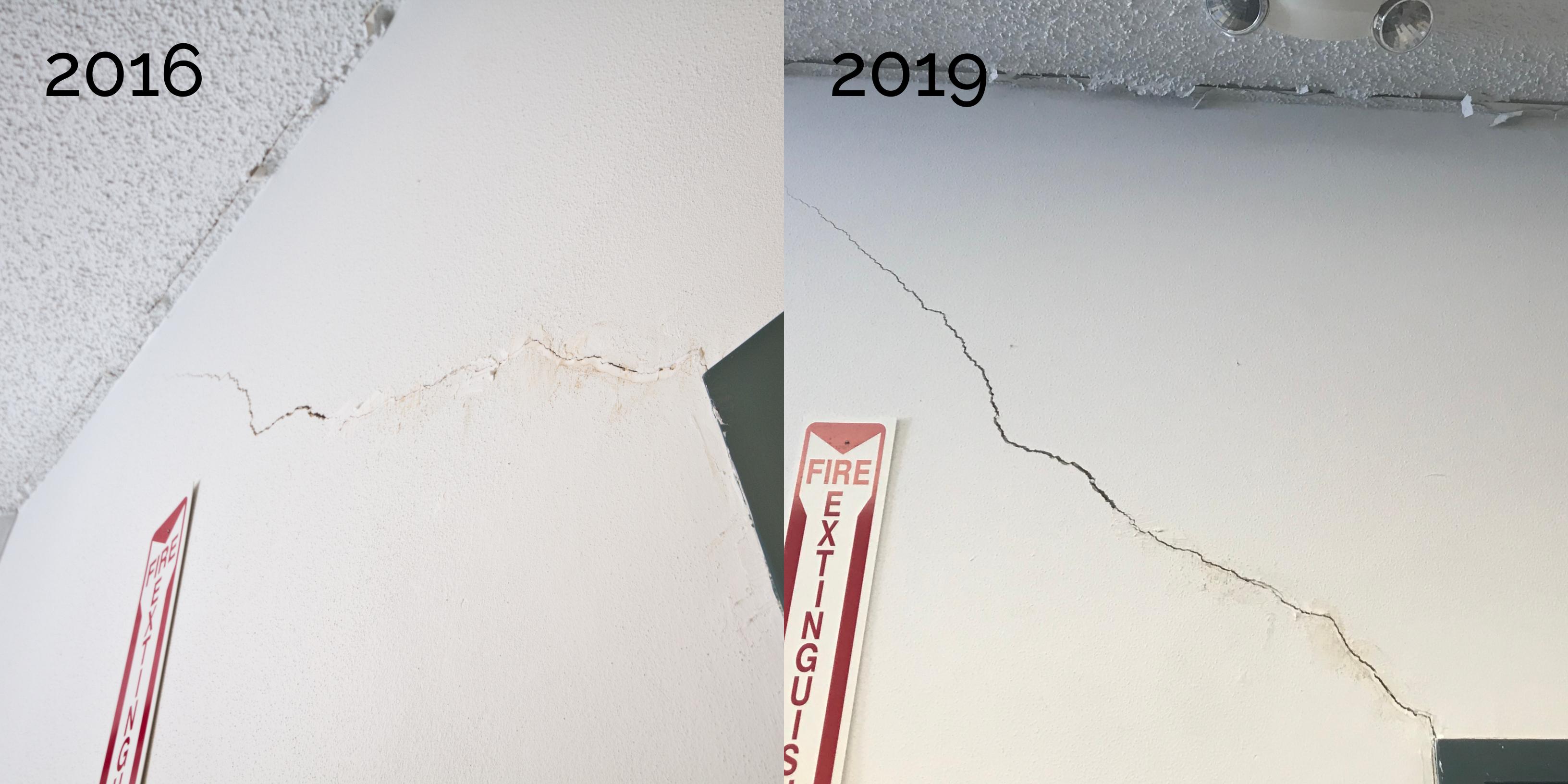 Wall crack comparison between 2015 and 2019 showing the spread of a crack