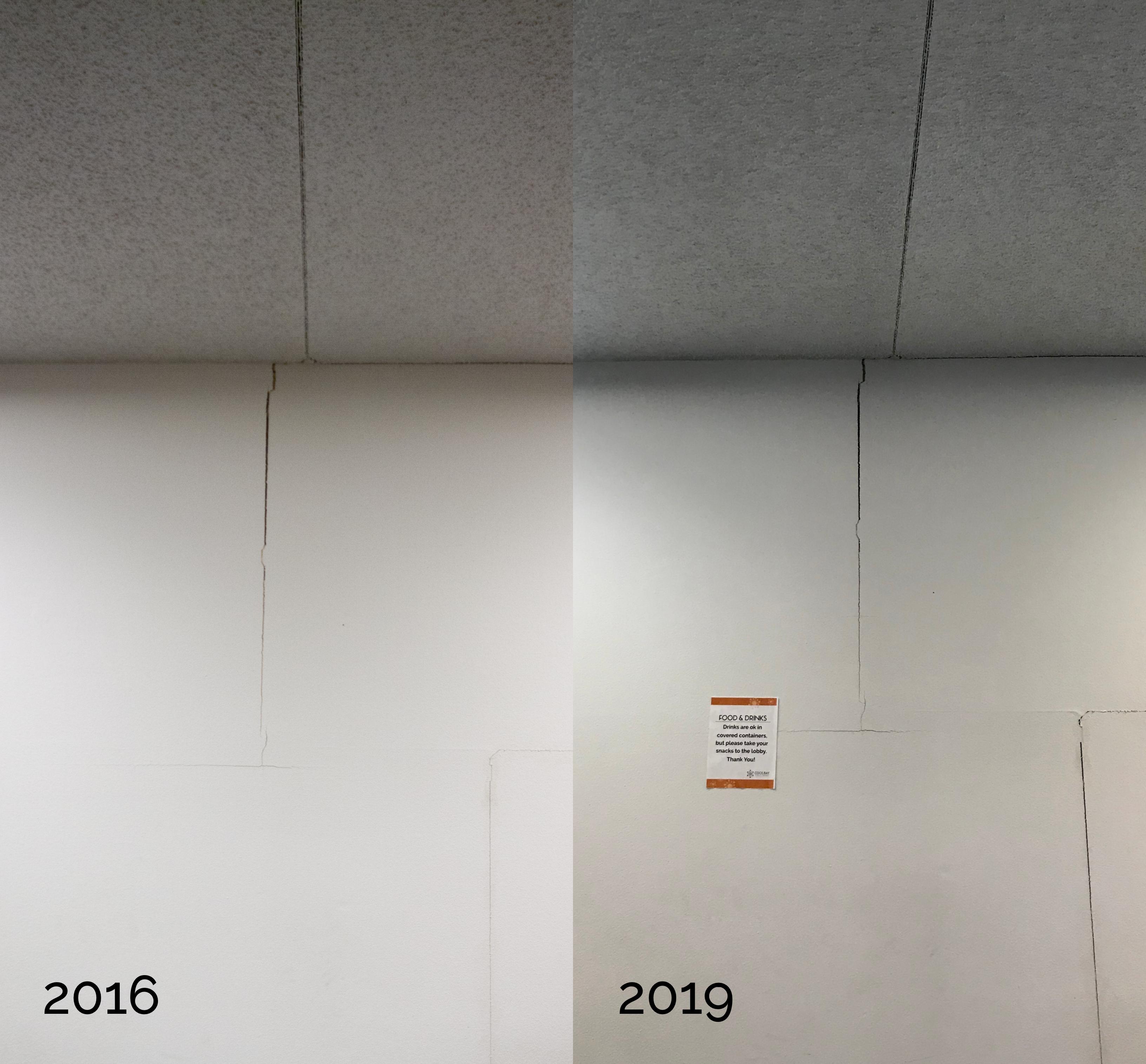 Wall crack expansion from 2016 and 2019