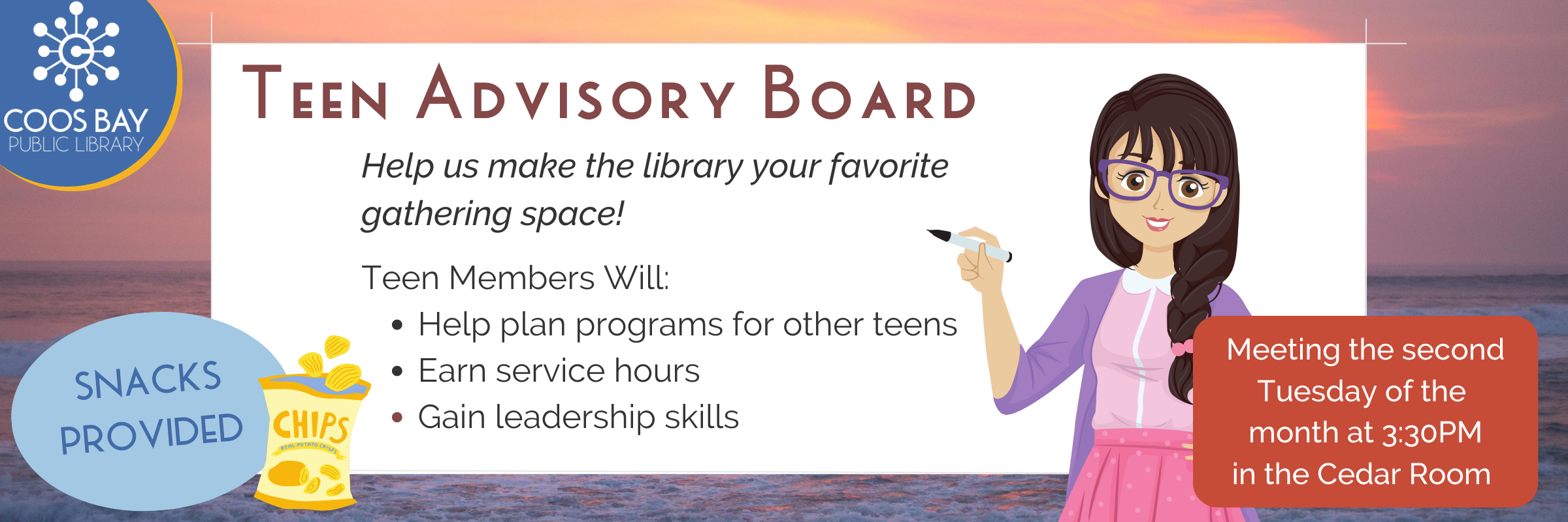 Teen Advisory Board slide that reads "Help us make the library your favorite gathering space! Teen members will help plan programs for other teens, earn service hours, gain leadership skills" 