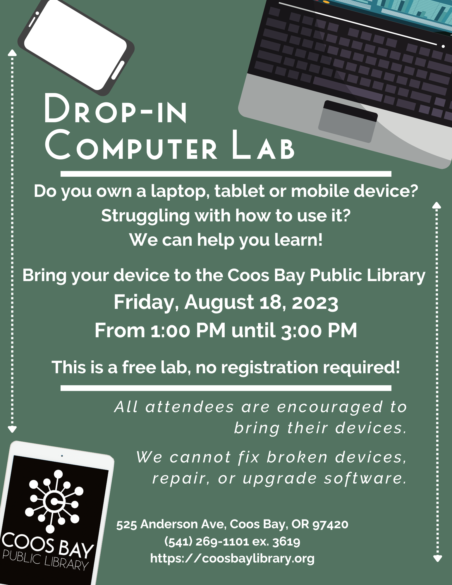 Drop-in computer lab flyer for aug 22 from 1 pm to 3 pm