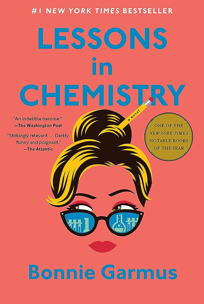 on a salmon colored background a face with no outline. blond hair in a bun with a pencil through it. She has sunglasses with chemistry beakers reflected in them.