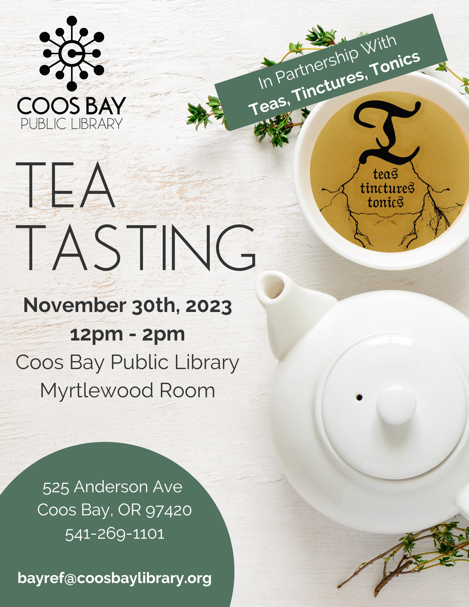 Tea Tasting flyer with tea and teapot.