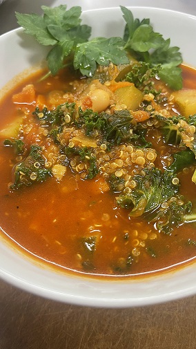 Pic of jamar's Quinoa Vegetable soup in white bowl