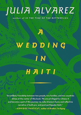 Wedding in Haiti book cover: green design (plants, birds) on blue background
