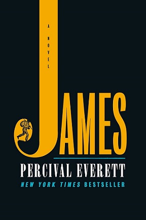 James book cover: black background. "James" in yellow font w/sideview image of slave walking with sack over shoulders in lower part of "J", author's name in white font
