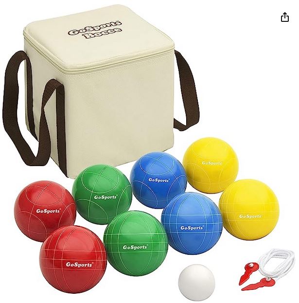 Square canvas bag carrying eight multi-colored balls.