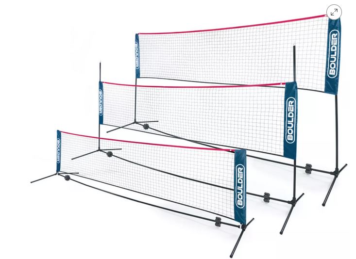 Multiple nets for badminton and pickleball.