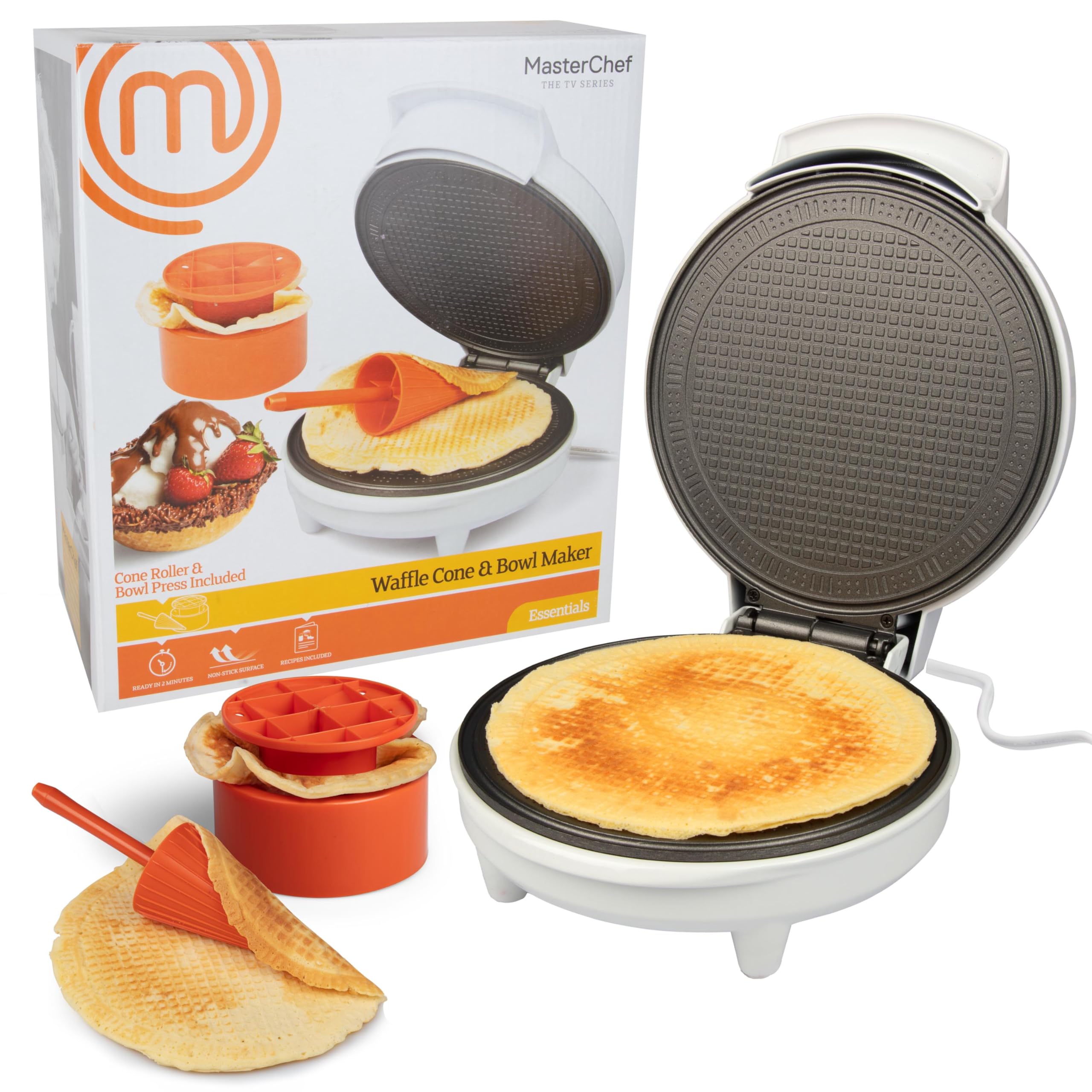 Waffle cone maker with cone roller and bowl accessories.
