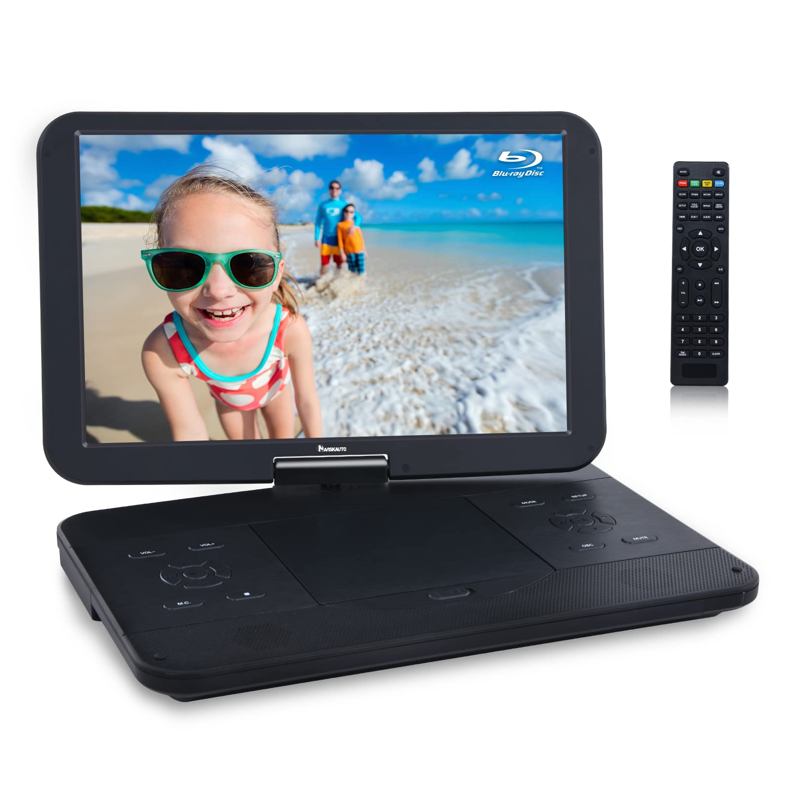 Portable blu-ray and dvd player with movable screen and remote.