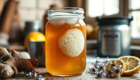 Open mason jar of kombucha with scoby on table with ginger, flowers, and sliced citrus