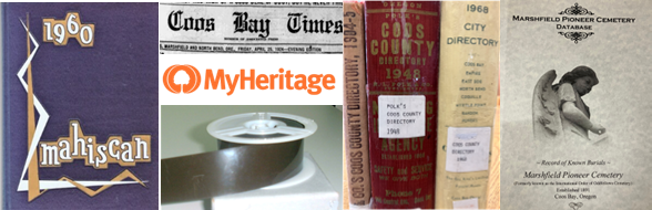 Pics of various resources clumped together: 1960 Marshfield Yearbook, Coos Bay Times banner, MyHeritage logo, Coos County Directory books, Marshfield Cemetery Database