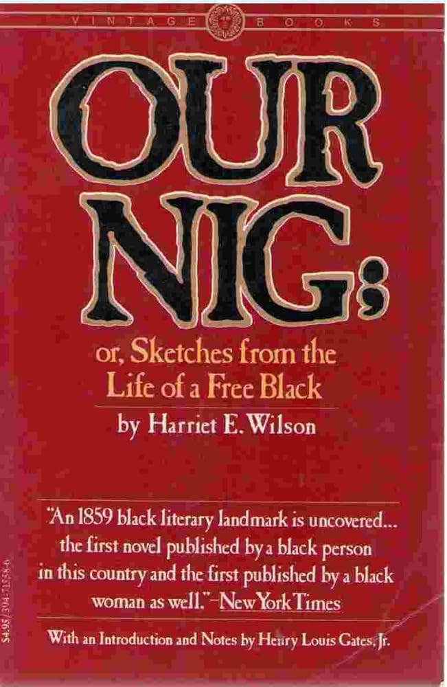 Vintage Books book cover for our Nig with black, orange, and white text on red background.