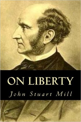 Book cover for On Liberty with b&w profile of Mill, title, and author, John Stuart mill