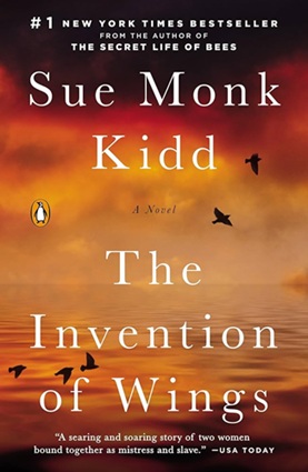 Invention of Wings book cover with silhouettes of birds in front of red, orange, yellow sky