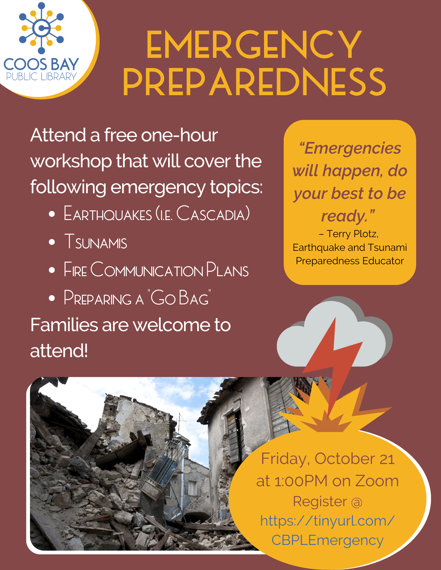 Event Flyer with time/date, registration, and image of building falling down