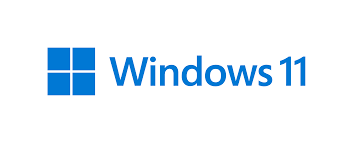 Windows 11 logo: "Windows 11" text to the right of four blue squares put together to make one square