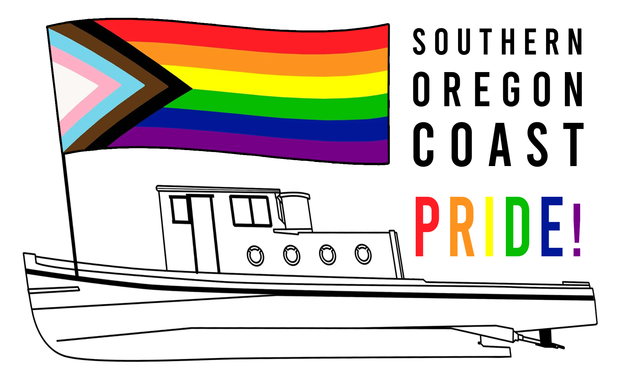 Southern Oregon Coast Pride! logo with ship/boat and rainbow flag