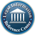 Blue circle with a center image on a white building and white text that says "Legal Information Reference Center."