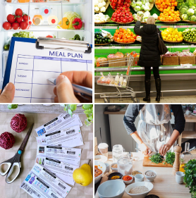 Four pics: meal planner, person shopping for produce, coupons, and meal preparation