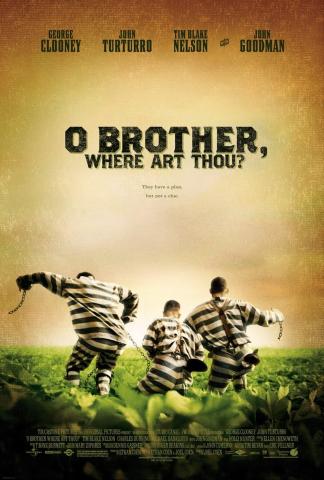 The top two thirds of the cover is an orangey brown sky, with the actor's names at the top. and the title midway down the sky. Atthe bottom is a green field with three people, in striped jail uniforms, chained together. They are running and their backs are turned towards the front.