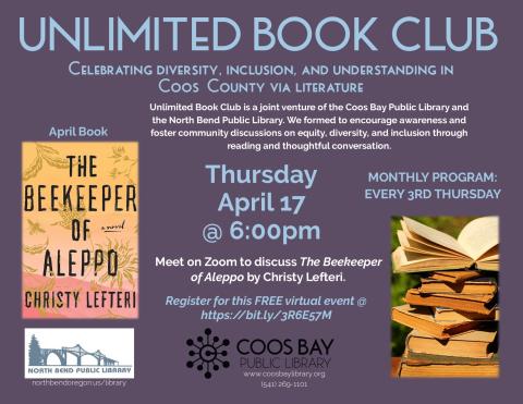 JPG of flyer with book cover, stack of old books, and program info