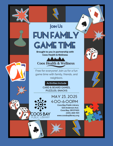 Bring the whole family and enjoy games, puzzles and snacks at our Fun family game time. May 23rd from 4 to 6 PM