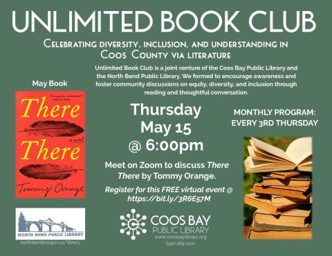 Unlimited flyer w/There There book cover, pic of stacked old books, and event info