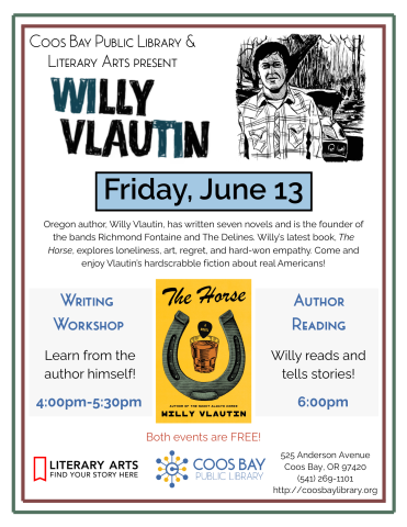 Flyer for Vlautin's workshop and reading with date, time, etc. and pic of Horse cover. Includes drawing of Willy.