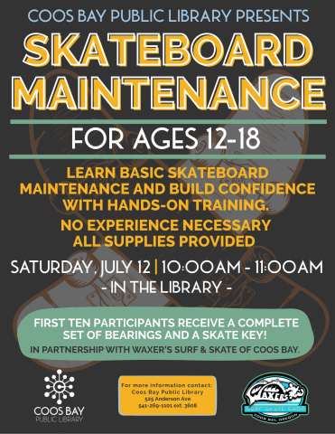 black background with text of Skateboard Maintenance Program information.