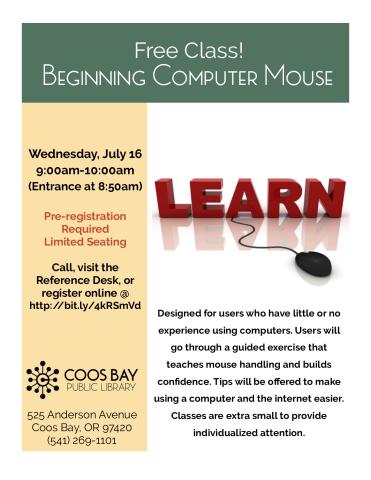 Class flyer w/pic of mouse and class details on white, yellow, and green background