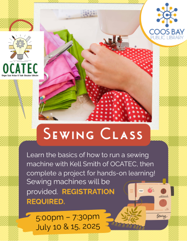 Sewing Class quarter sheet with dates for July 2025
