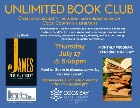 Unlimited flyer w/James book cover, pic of stacked old books, and event info
