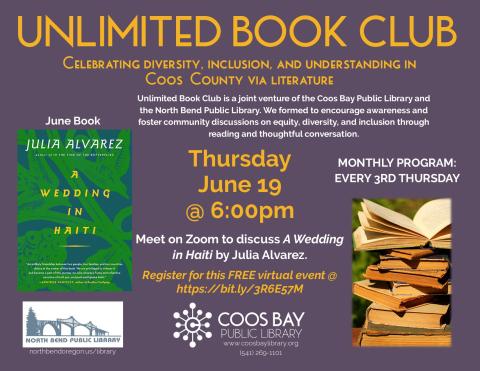 Unlimited flyer w/Wedding in Haiti book cover, pic of stacked old books, and event info