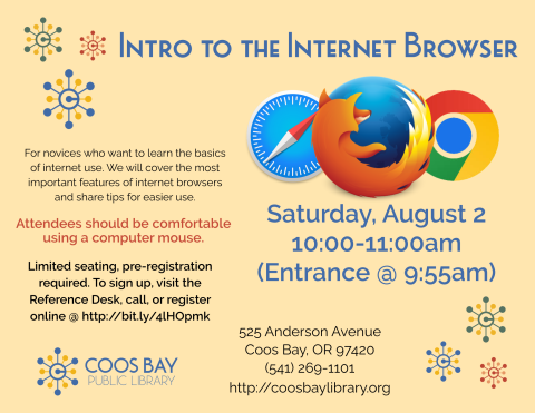 Class flyer w/date, time, place, etc. on yellow background. Includes icons for different browsers (Firefox, Chrome, Safari))