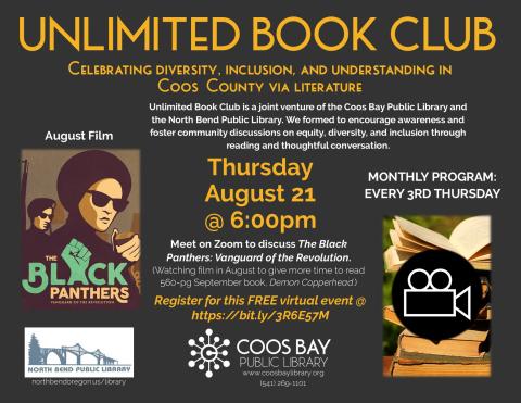 Program flyer with film cover, pic of books & film camera plus time, date, etc.