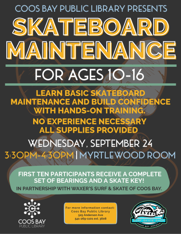 black background with text of Skateboard Maintenance Program information.