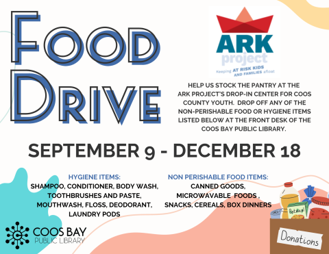 white background with text announcing food drive for the Ark Project for Coos County Youth