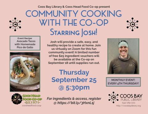 flyer w/pics of Josh and tacos. Blue and black text on pinkish background. Includes date, time, location.