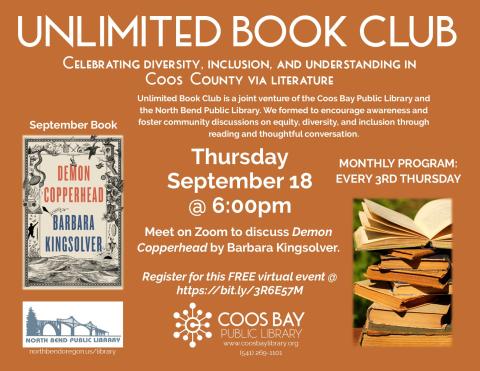 Program flyer with orange background, book cover for Demon Copperhead, pic of stack of old books, plus event and location details