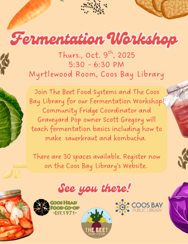 Program flyer with pertinent details on peach colored background with images along borders of cabbage, kmbucha, etc.