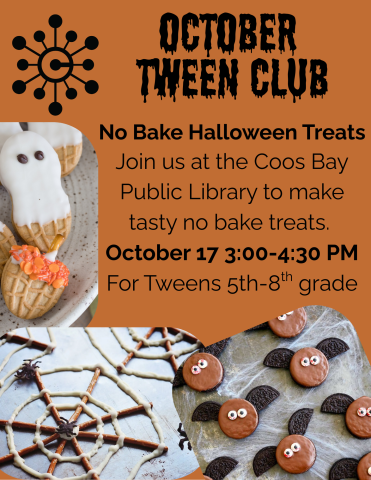 Tweens are invited to make no-bake halloween treats. Oct 17 from 3-4:30.