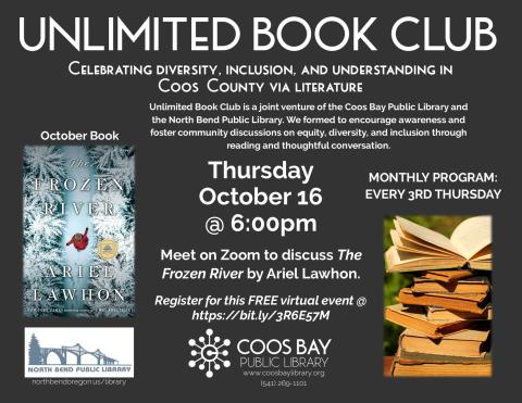 Program flyer with dark grey background, book cover for Frozen River, pic of stack of old books, plus event and location details