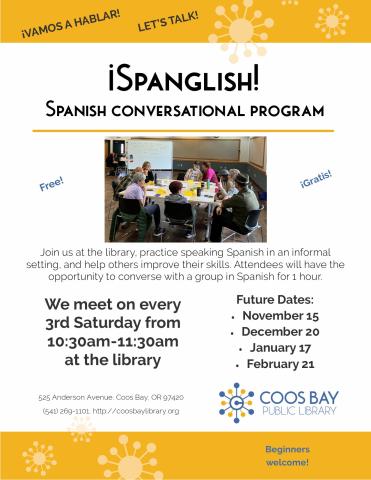 Program flyer w/pic of Spanglish group conversing. Flyer includes details such sa dtaes, time, location, etc.