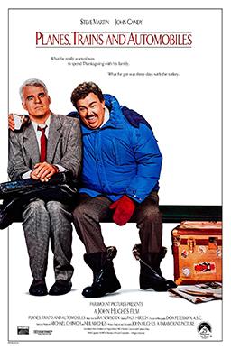 Planes, Trains and Automobiles poster. December 3rd, 5:30pm-7:30pm in the Myrtlewood Room. The two stars of the movie sit close together on a bench, one smiling, the other looking stressed.