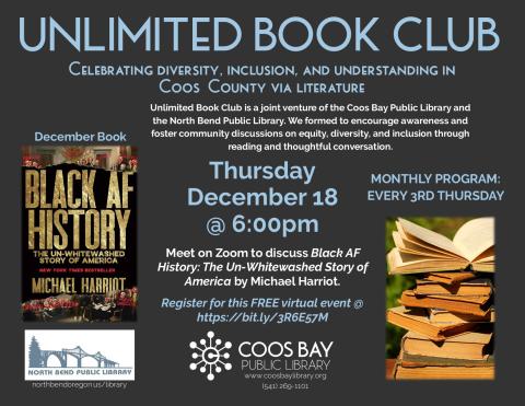 program flyer w/pic of book cover and another pic of stack of old books. Includes event details: Wed, Dec 18 @ 6:00pm on Zoom.