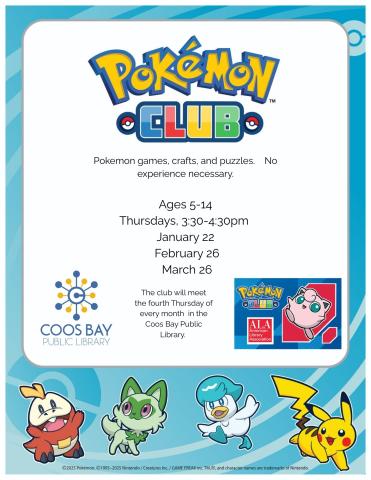 Pokémon Club for Kids 5-14 the fourth Thursday of every month from 3:30-4:30pm